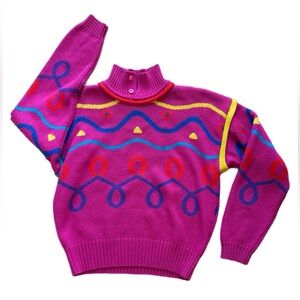 Vintage Lisa Says Gah Style Wool Blend Fusia Pink Memphis Style Sweater Medium